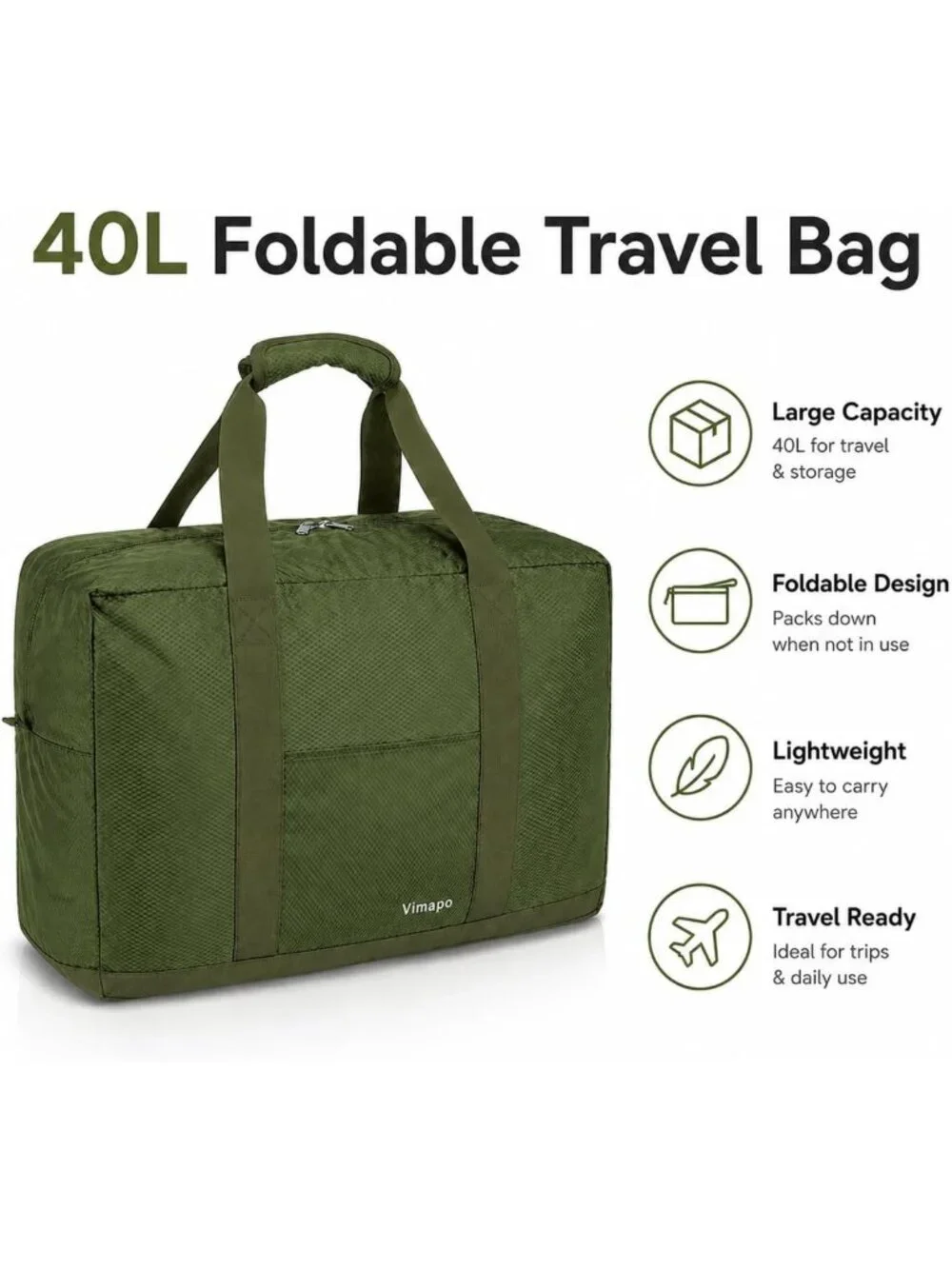 Lightweight Foldable Travel Duffle Bag with Trolley Sleeve, 40L Capacity, Army